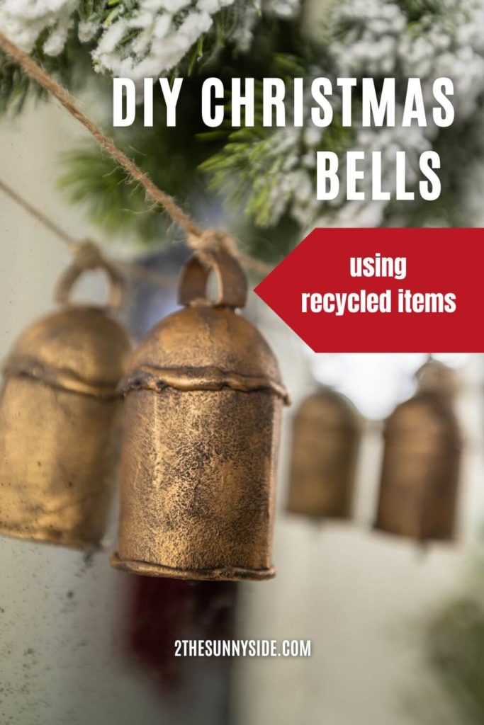 Pinterest image DIY Christmas bells strung along mirror with flocked garland.