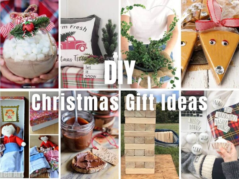 Collage image of 8 DIY Christmas gift ideas, from edible sweet treats to diy games.