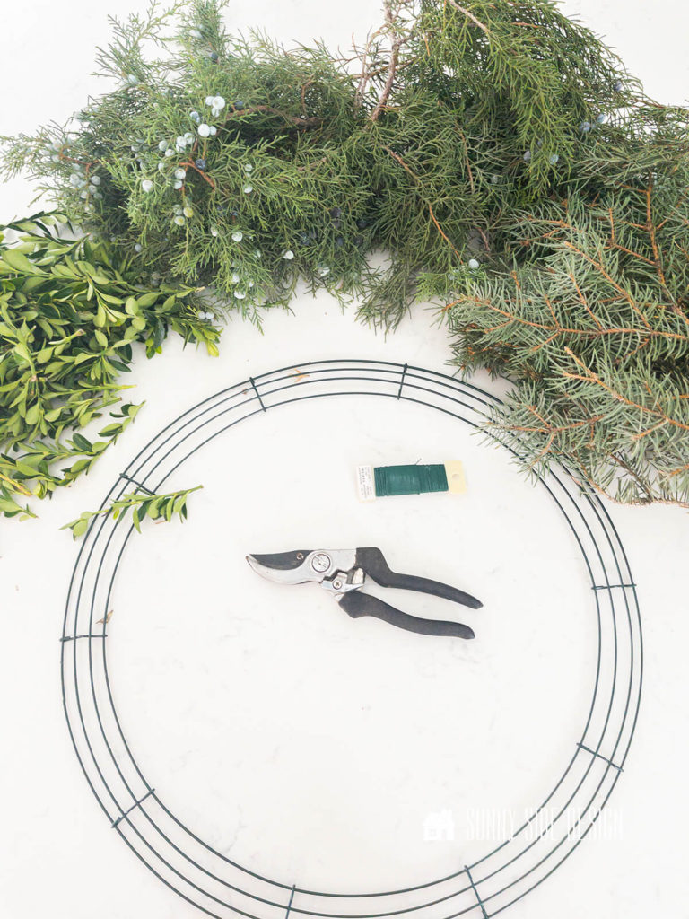 Supplies used for making a fresh Christmas wreath, wire wreath form, pruners, green paddle wire, fresh foraged evergreens.