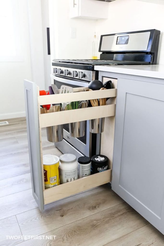 Small Kitchen Organization ideas, pullout DIY utensil storage for a narrow cabinet.