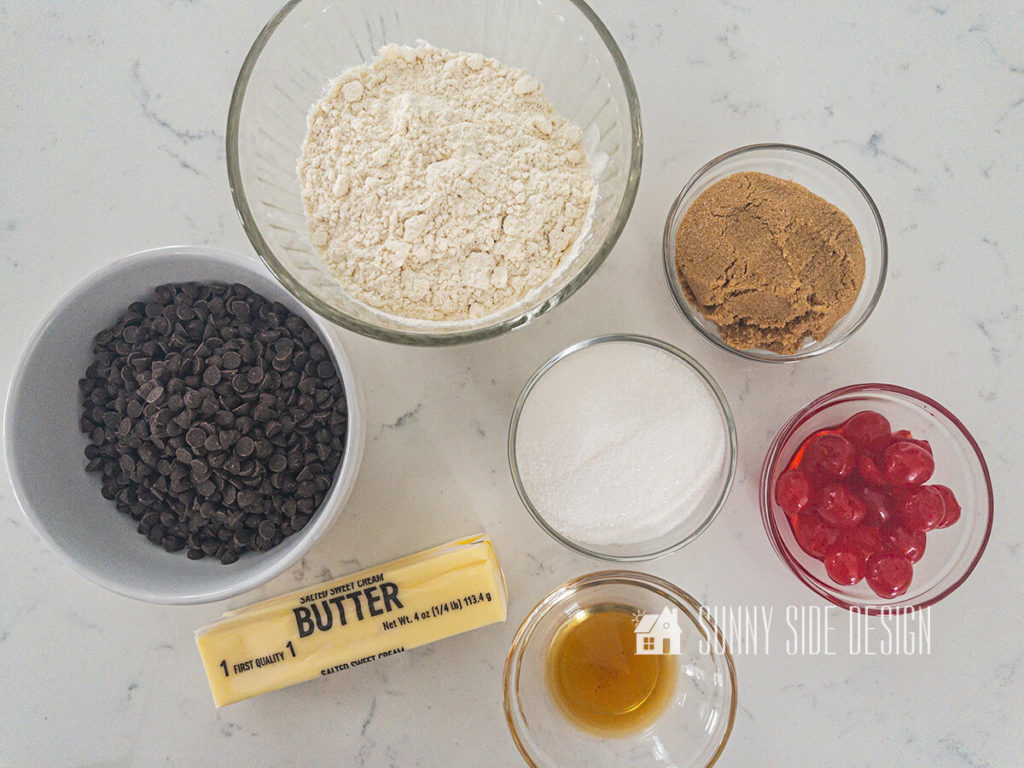 Ingredients for Cherry Chocolate Chip Cookie Dough Frosting.