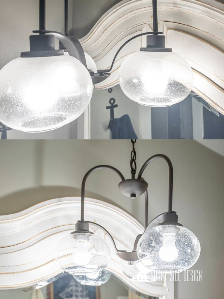 Before and after images of bathroom light fixture.