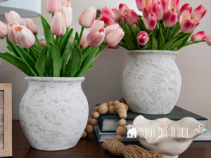 Paint a vase with Saltwash, for a rustic textured look, styled with pink tulips.