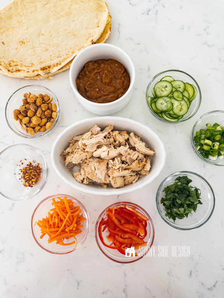 Ingredients for Thai Chicken Pizza with a Peanut Sauce.