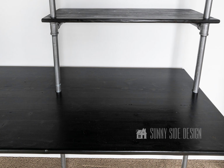 How to stain pine wood like a pro, pine boards for industrial desk and shelves are stained with an ebony stain.