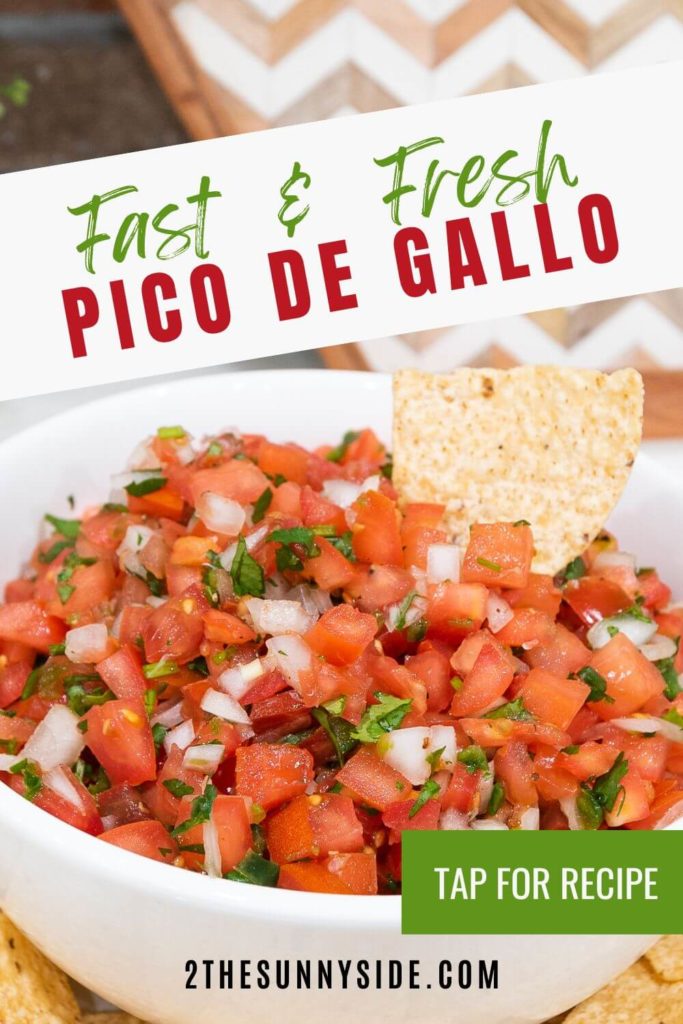Pinterest image, bowl of Pico de Gallo with tortilla chips.