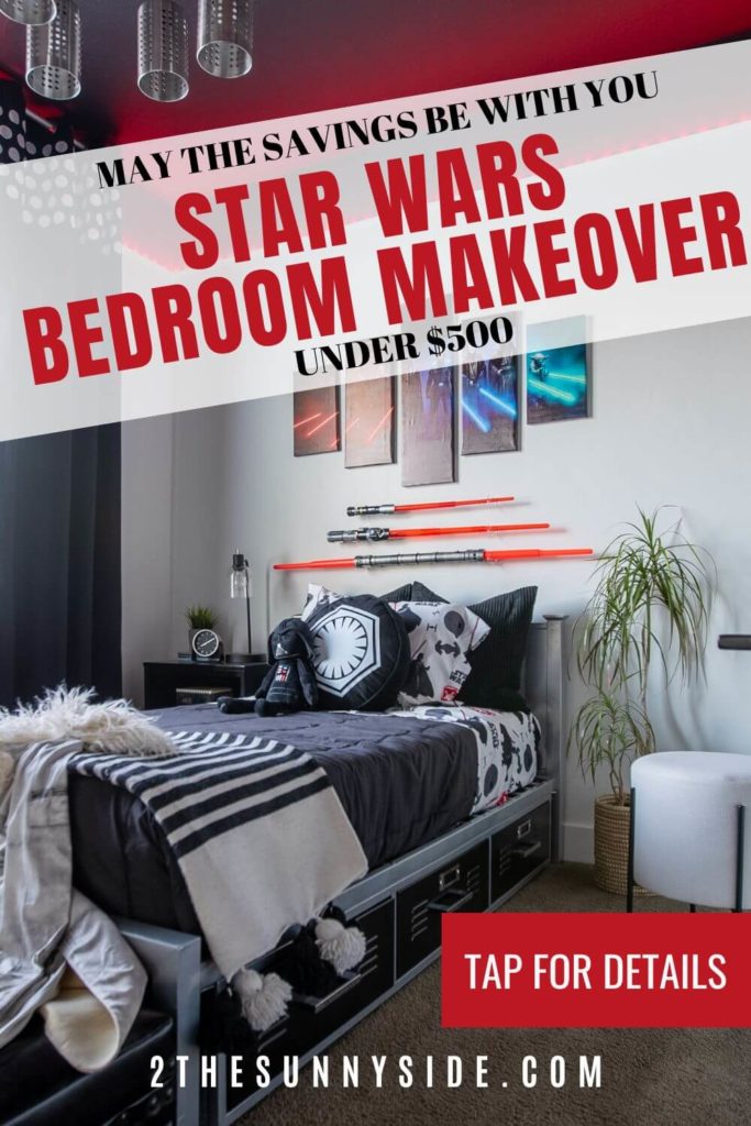 PINTEREST IMAGE: STAR WARS BEDROOM MAKEOVER UNDER $500  BOYS BEDROOM DECORATED IN A STAR WARS THEME WITH BLACK AND WHITE AND RED STAR WARS BEDDING, STAR WARS CANVAS HARD AND LIGHT SABERS HUNG ON THE WALL ABOVE THE BED.