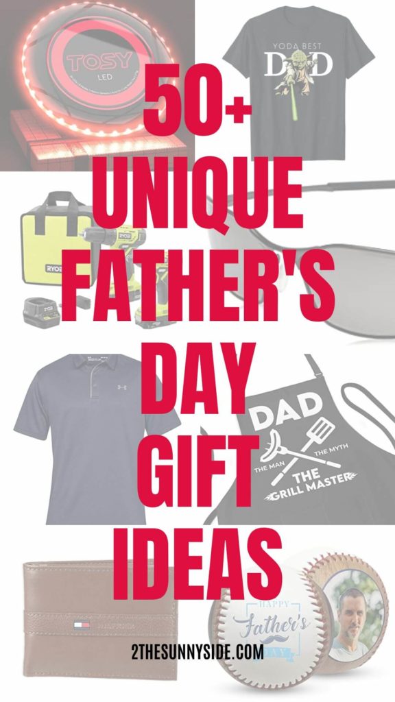 Pinterest image of unique Father's Day Gift Ideas ranging from LED light up frisbee to personalized baseballs and everything in betwee.