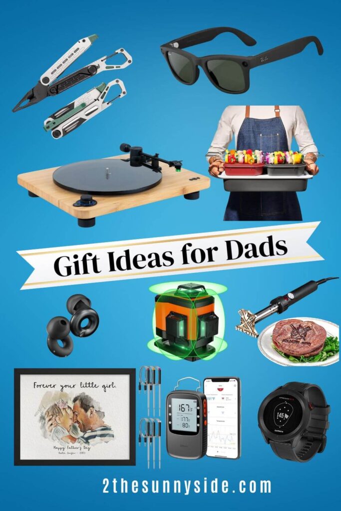 The best gift ideas for dads, collage image RayBan meta AI. transition glasses, wireless bluetooth turntable, grilling accessories, personalized art, laser level, bluetooth temperature probe, multi tool pocket knife, golf watch.