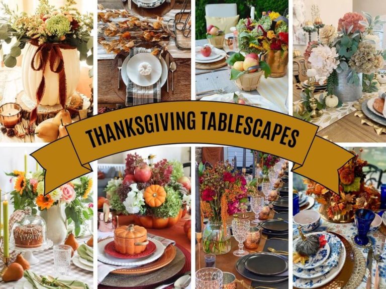 Feature image with eight different stunning Thanksgiving table decor ideas.