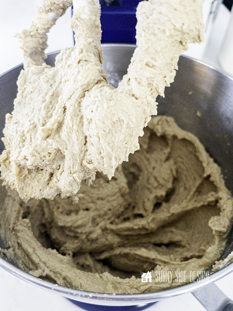 Creamed butter, sugars, eggs and peanut butter in bowl of stand mixer.