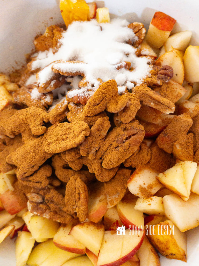 Diced winter fruit, apples, pears, oranges, cranberries and pecans topped with cinnamon and sugar.