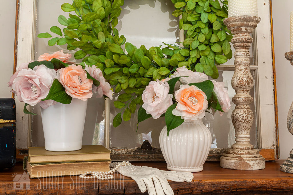 Simple Last Minute DIY Mother's Day Gifts, DIY coffee filter flowers with bling, in white vases.