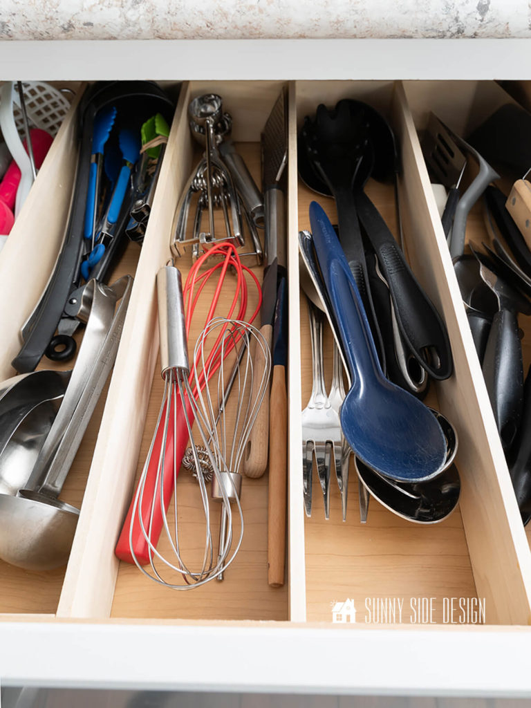 Custom DIY drawer dividers for cooking utensils, whisks, scoops, serving utensils, spatulas.