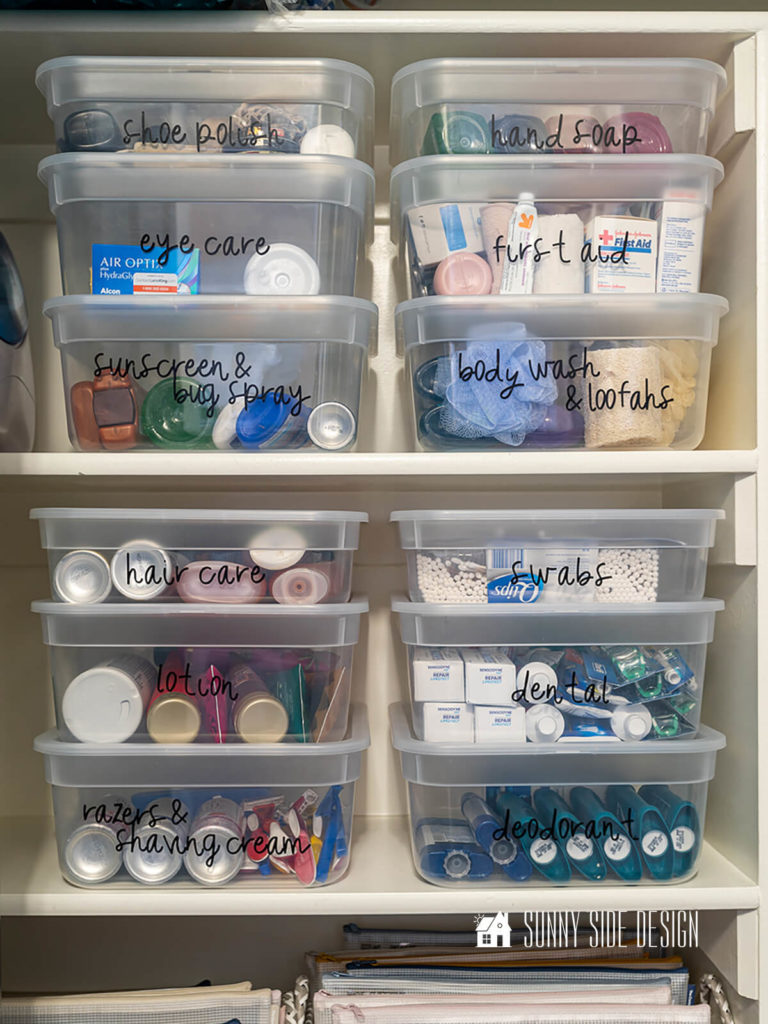 Keep toiletries organized in a linen closet in clear labeled stacking containers.