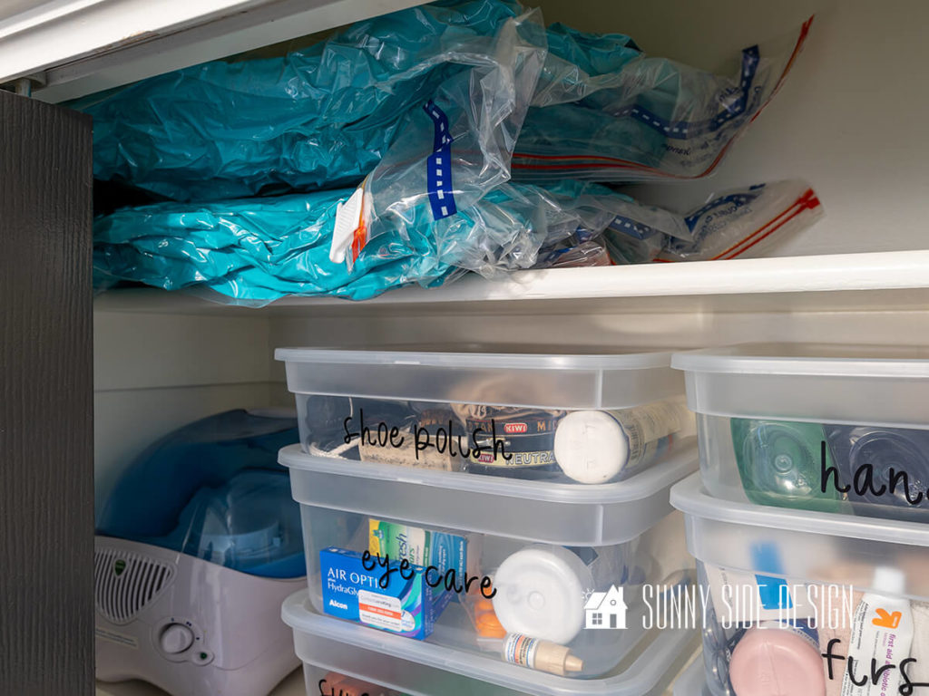 Vacuum seal bags to reduce space in linen closet for bulky items like comforters or pillows.