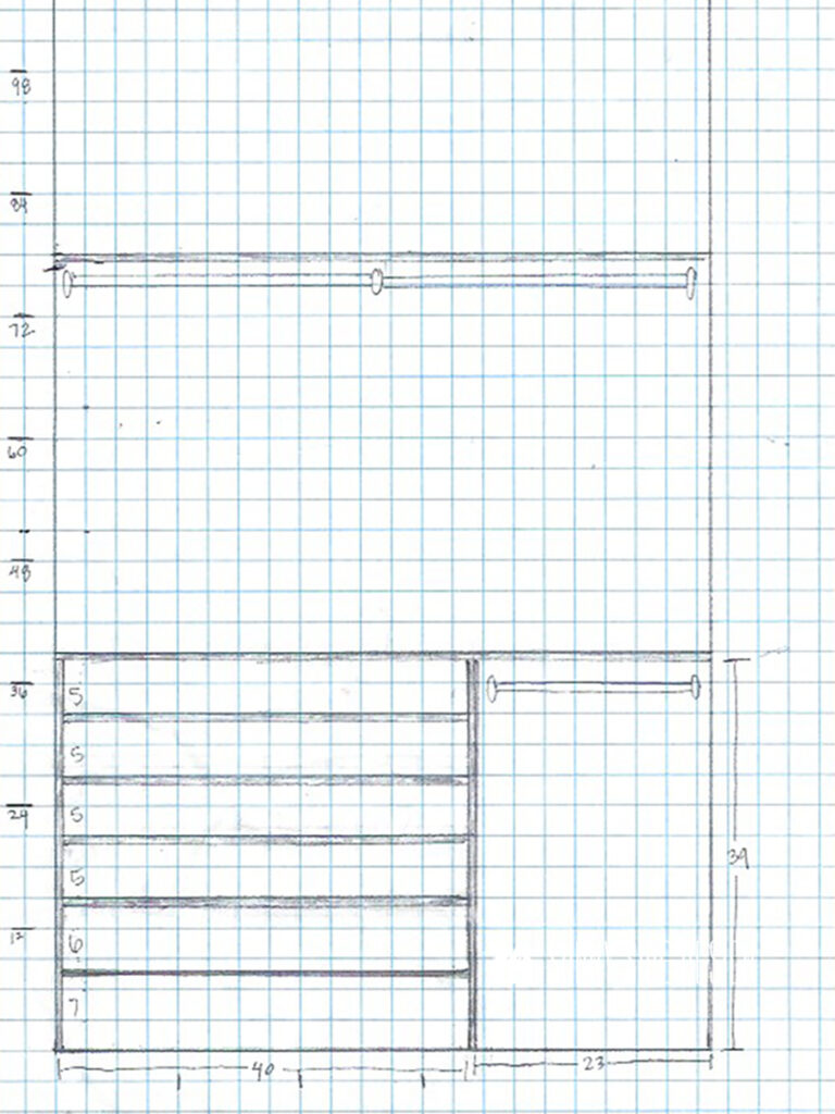 Sketch of DIY closet organizer on graph paper.