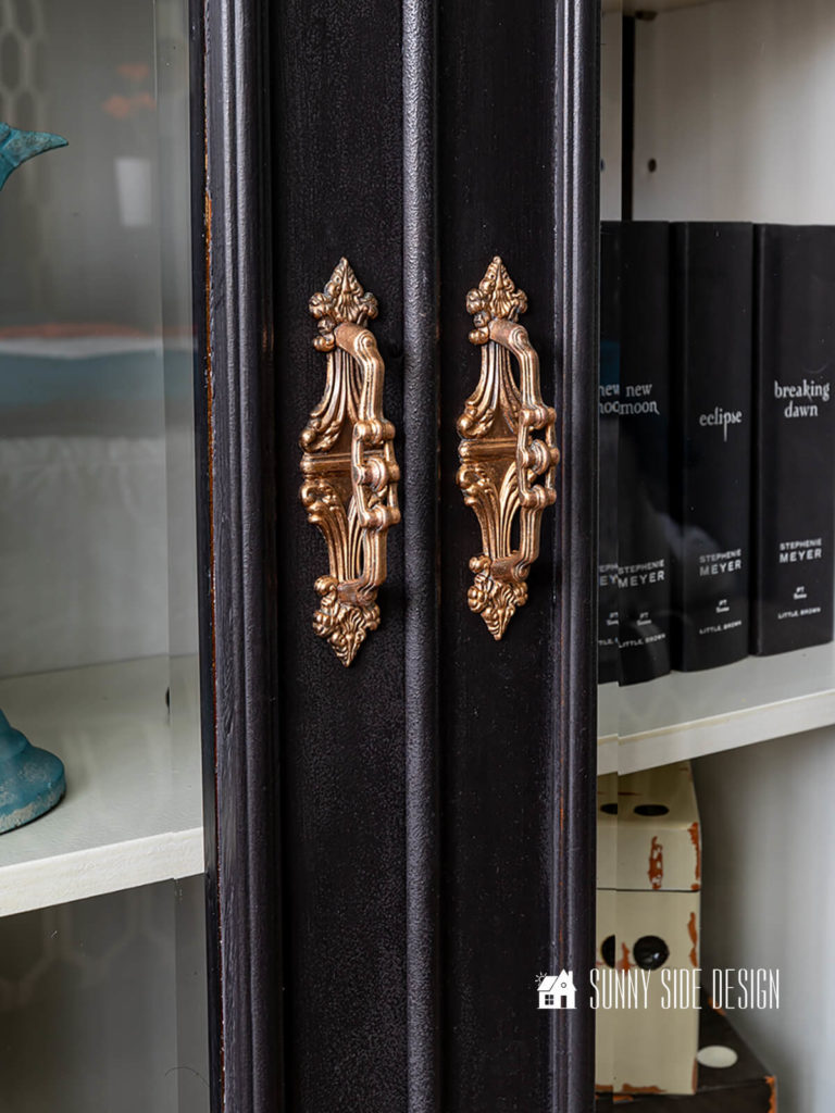 Refurbished old hutch hardware with antique gold Rub 'n Buff.