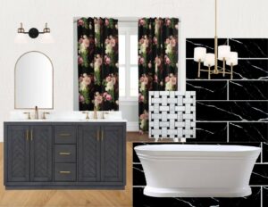 Master Bathroom Design plans Mood Board. Luxury vinyl wood look floor, black vanity with a herringbone design, marble countertop, gold fixtures, soaker tub, black marble feature wall, modern gold chandelier and floral drapes with a black background.