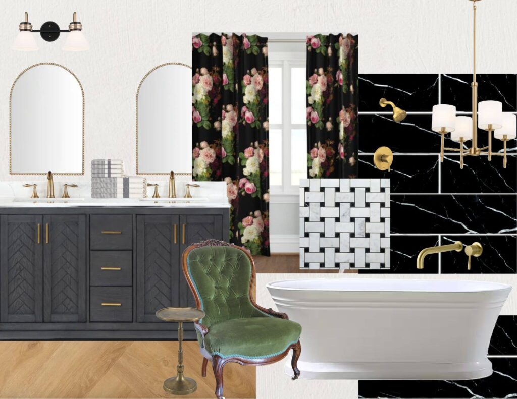 Master Bathroom Design plans Mood Board. Luxury vinyl wood look floor, black vanity with a herringbone design, marble countertop, gold fixtures, soaker tub, black marble feature wall, modern gold chandelier and floral drapes with a black background.