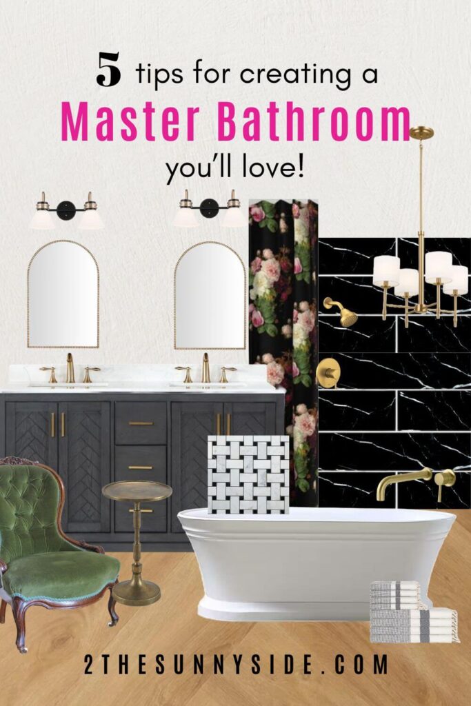 Pinterest Image Master Bedroom Design Plans: Tips for creating a bathroom you'll love. Tile, flooring, soaker tub, vanity, mirrors and lighting ideas.