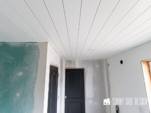 Shiplap bathroom ceiling painted white, walls mudded and ready for primer and paint.