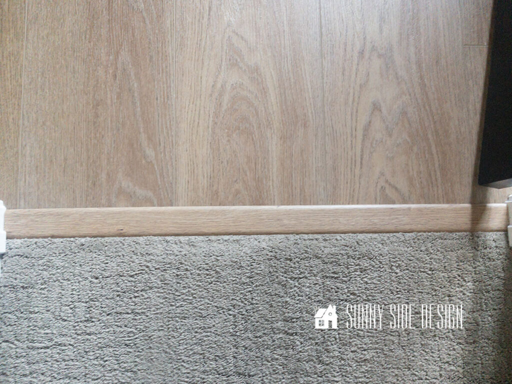 Transition moulding between carpet and luxury vinyl plank flooring.