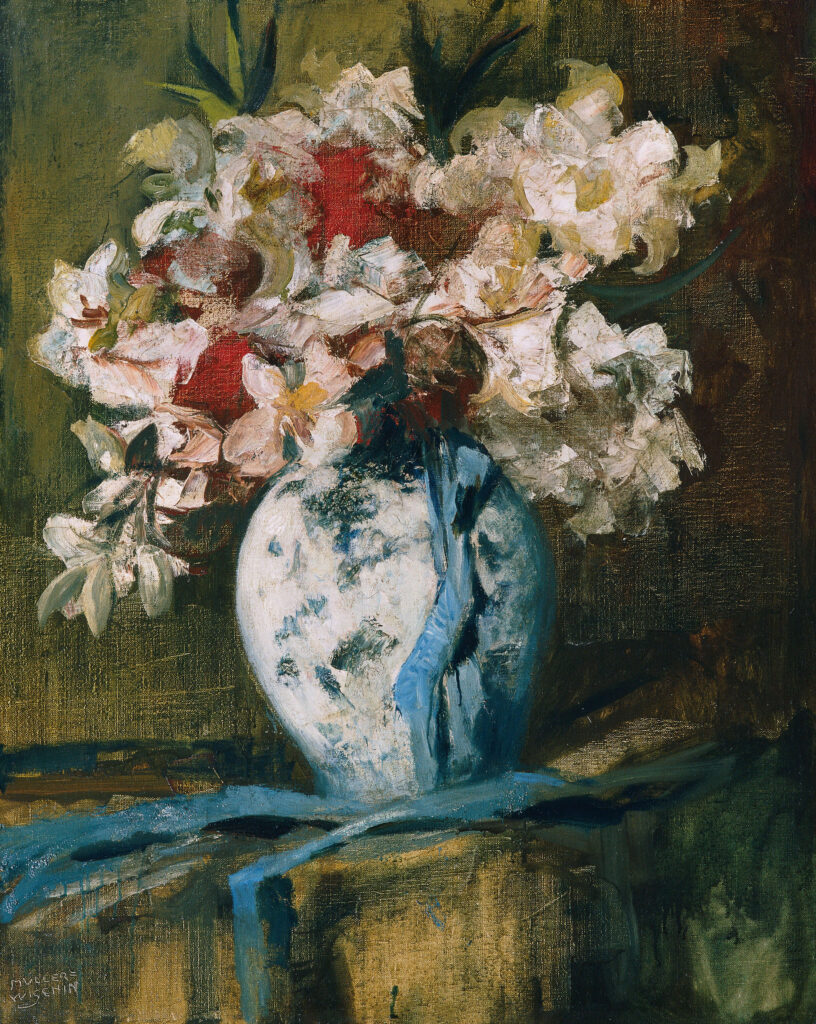 Vintage art of a blue and white vase with flowers.