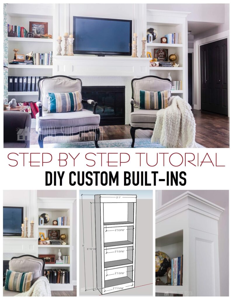 Pinterest image for How to Make a Custom Built-In Bookcase Around the Fireplace