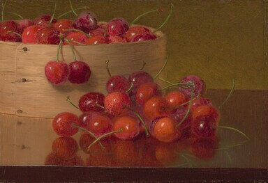 Vintage free printable wall art of a still life of a bowl of red cherries.