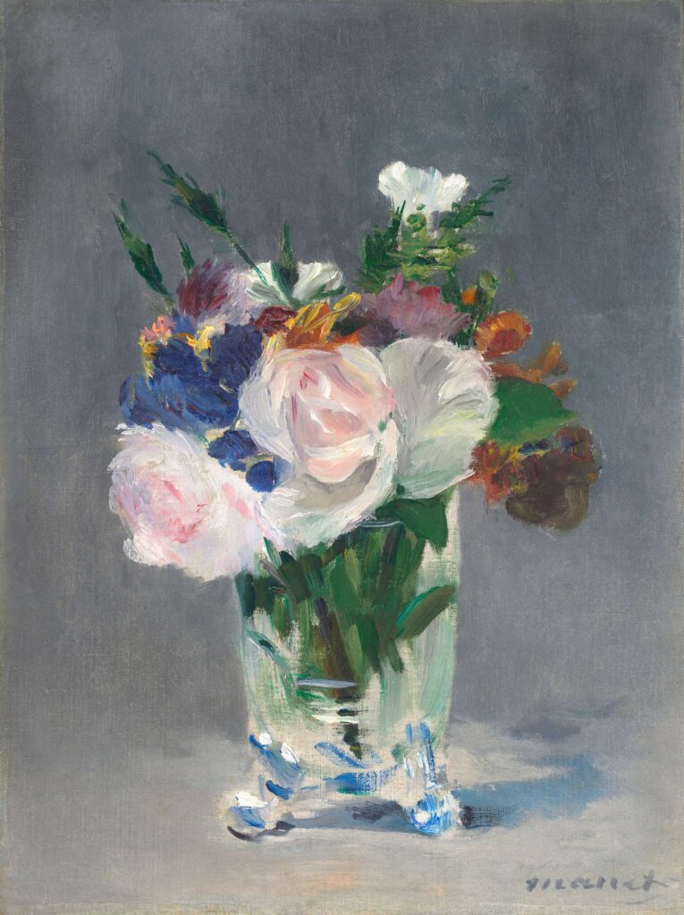 Image of a vintage painting of flowers in a crystal vase.