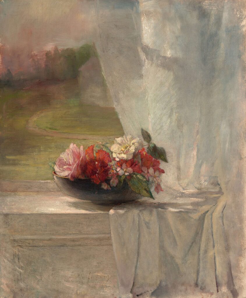 Vintage art of a black bowl with flowers in a windowsill with a white curtain.