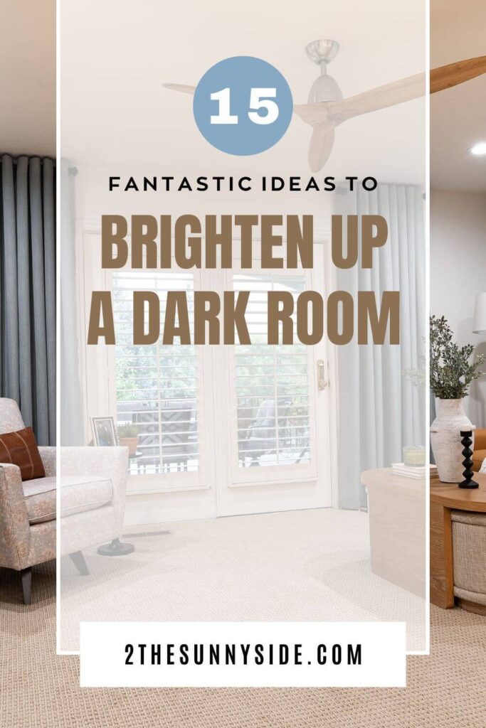 Pin image for Pinterest, living room with white walls and light blue curtains, light colored fabric mid century modern swivel chair, accent table, light wood coffee table with linen ottomans.