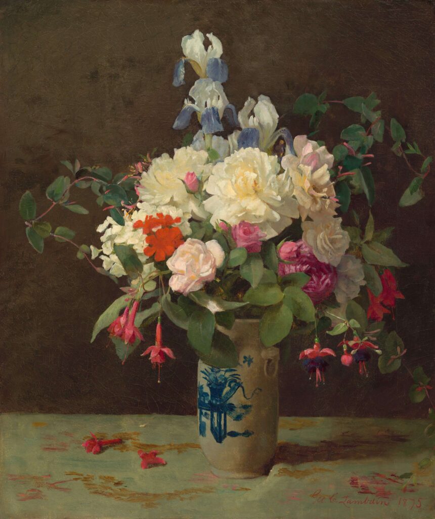 Vintage art image of a tan and blue vase of flowers with roses, iris, fuschia, hydrangeas and peonies.