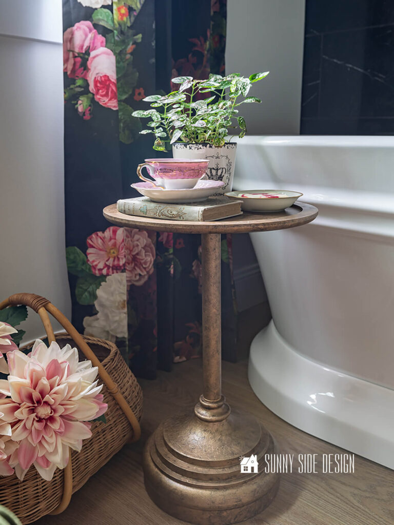 Upcycle Ideas: An accent table is made from an old thrifted floor lamp and tray.