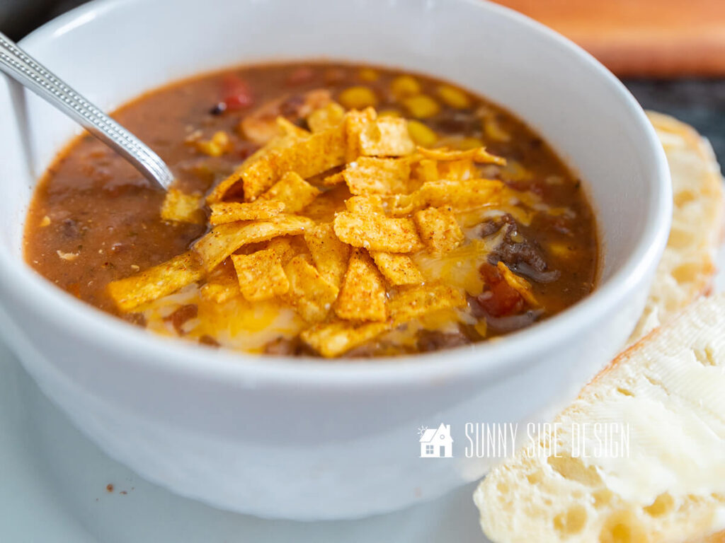 Quick and hearty soup recipe that's delicious and healthy too. Southwest style chicken soup garnished with tortilla strips.
