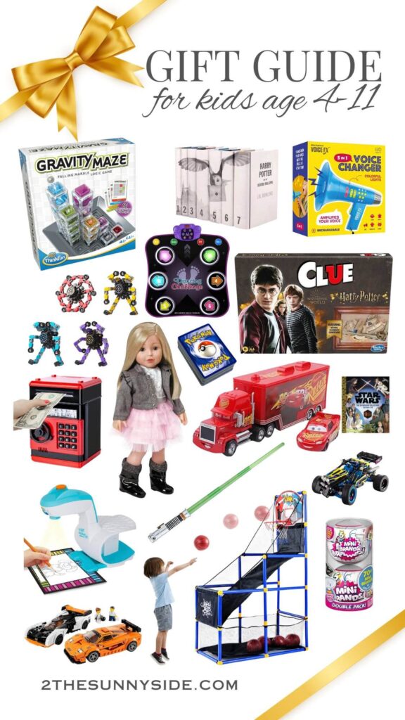 The best gift guide for kids ages 4-11, collage image with ideas for both boys and girls, books, games, sports, RC and more.