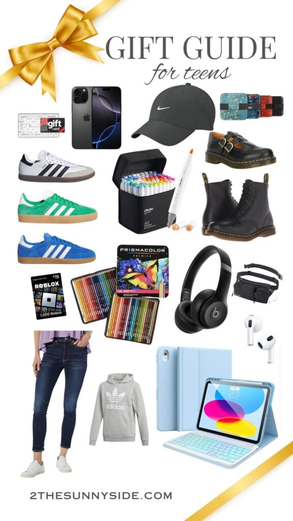 The best Gift ideas and gift guide for teens, collage image of gifts for boy and girl teens. from tech gifts, clothing, art supplies and more.
