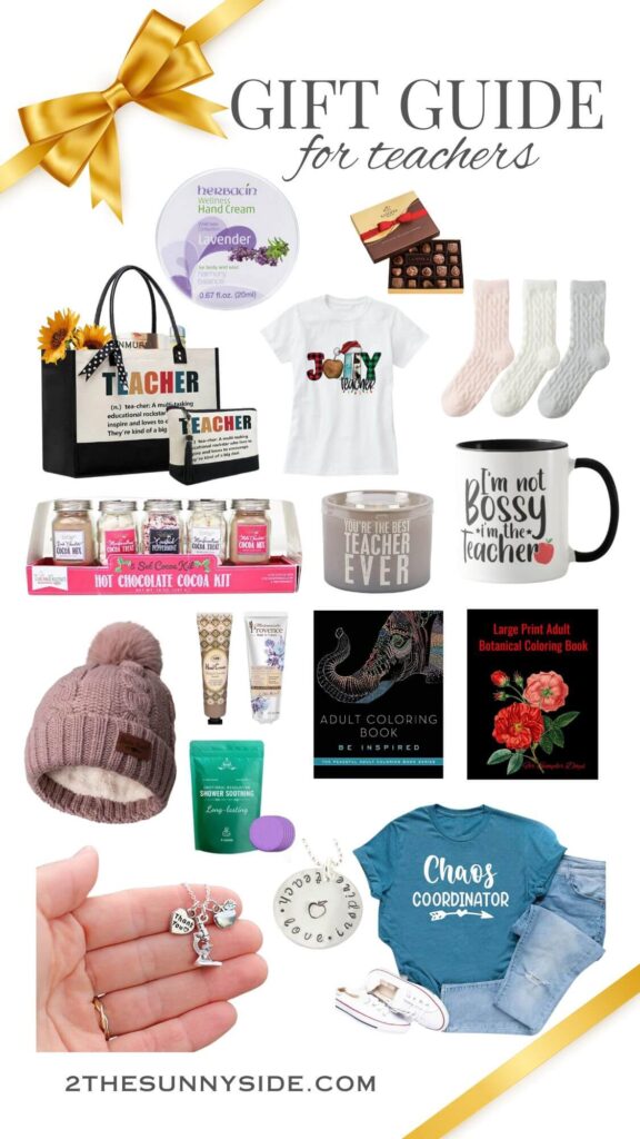 The best Gift ideas and gift guide for teachers, collage image of gifts for both men and women teachers.