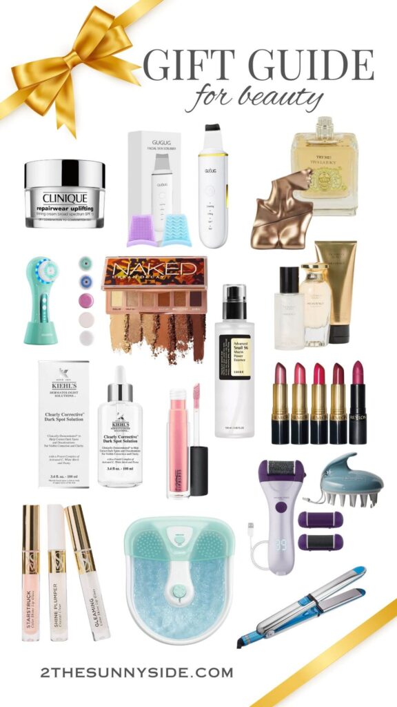 The best Gift ideas and gift guide for beauty, collage image of beauty gifts.