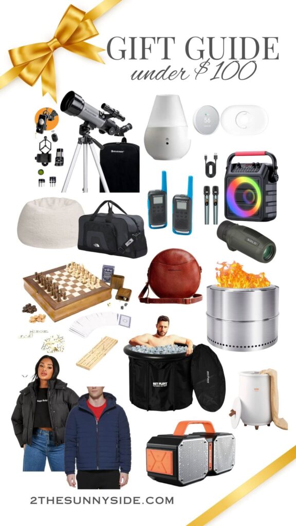 The best gift guide for Christmas gifts under $100, collage image of ideas for women, men, teens and kids.
