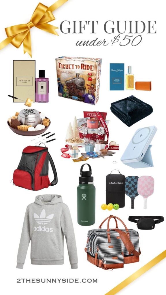 The best gift guide for Christmas gifts under $50, collage image of ideas for women, men, teens and kids.