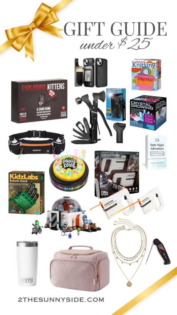 The best gift guide for Christmas gifts under $25, collage image of ideas for women, men, teens and kids.