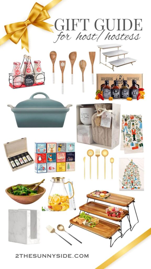 Gift Guide collage image of ideas for the host or hostess.