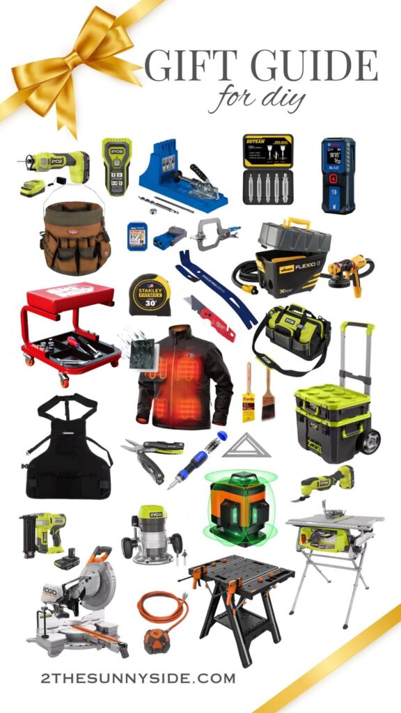 The best Gift ideas and gift guide for the DIYer in your life, collage image of gifts for the do-it-yourselfer, from must-have tools to product that will make the job more enjoyable.