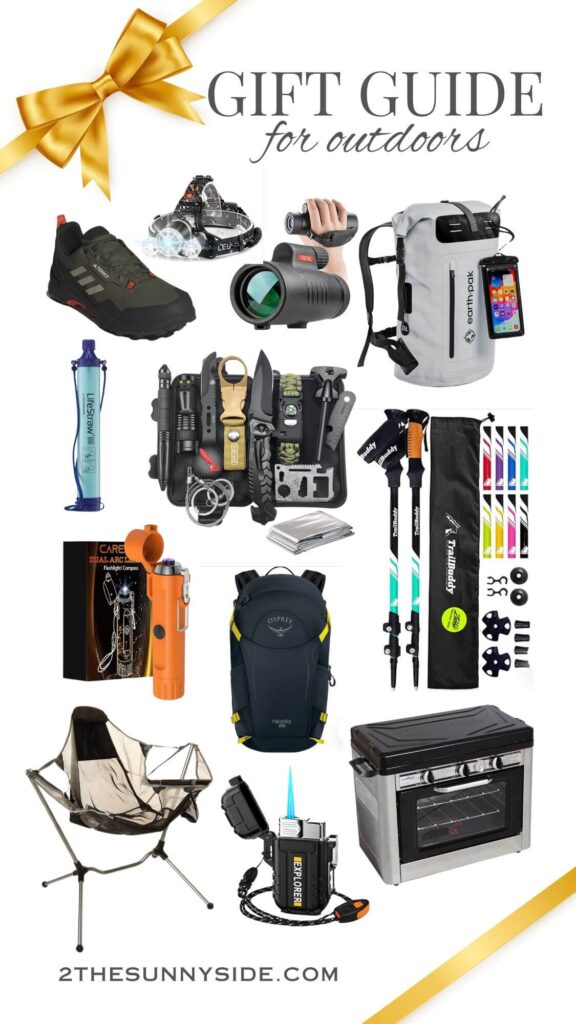 The best gift guide for the outdoor lover, collage image with ideas for hiking, camping and more.