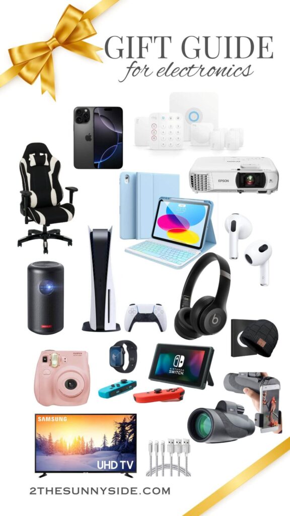 The best Gift ideas and gift guide for techie, collage image of electonic gifts for women, men teens and kids.