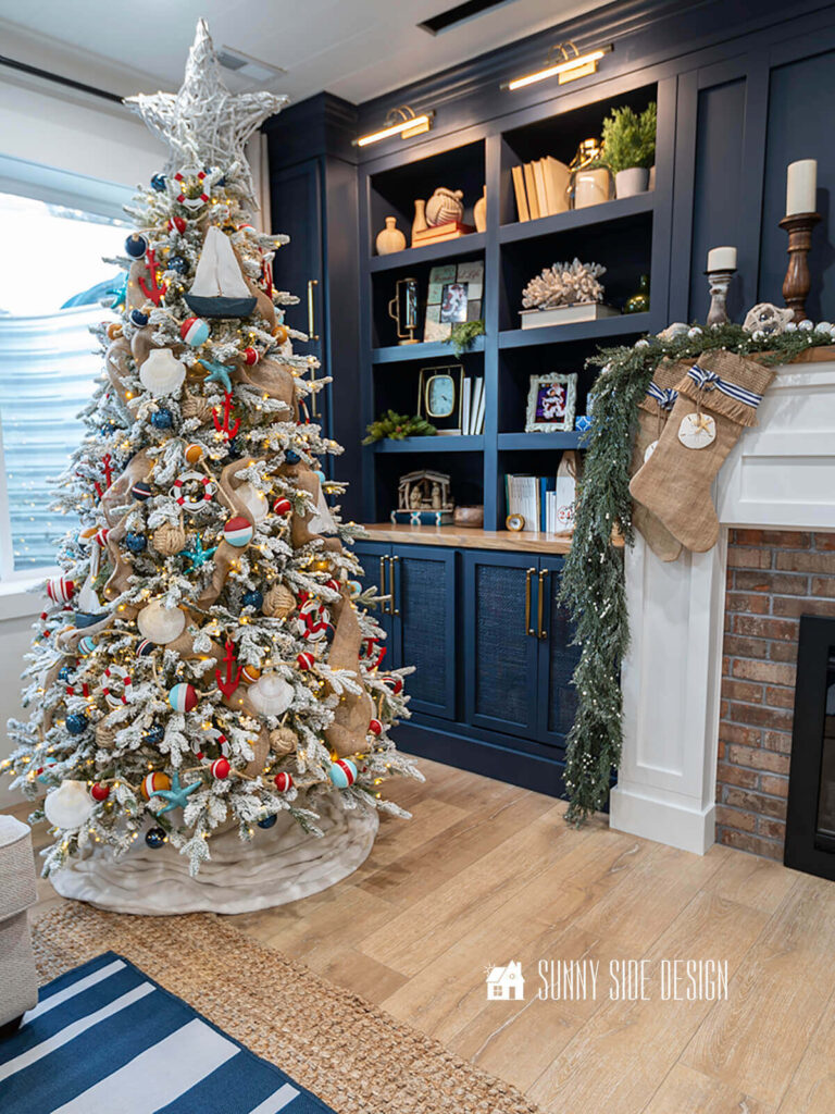 Coastal Christmas tree with burlap ribbon
