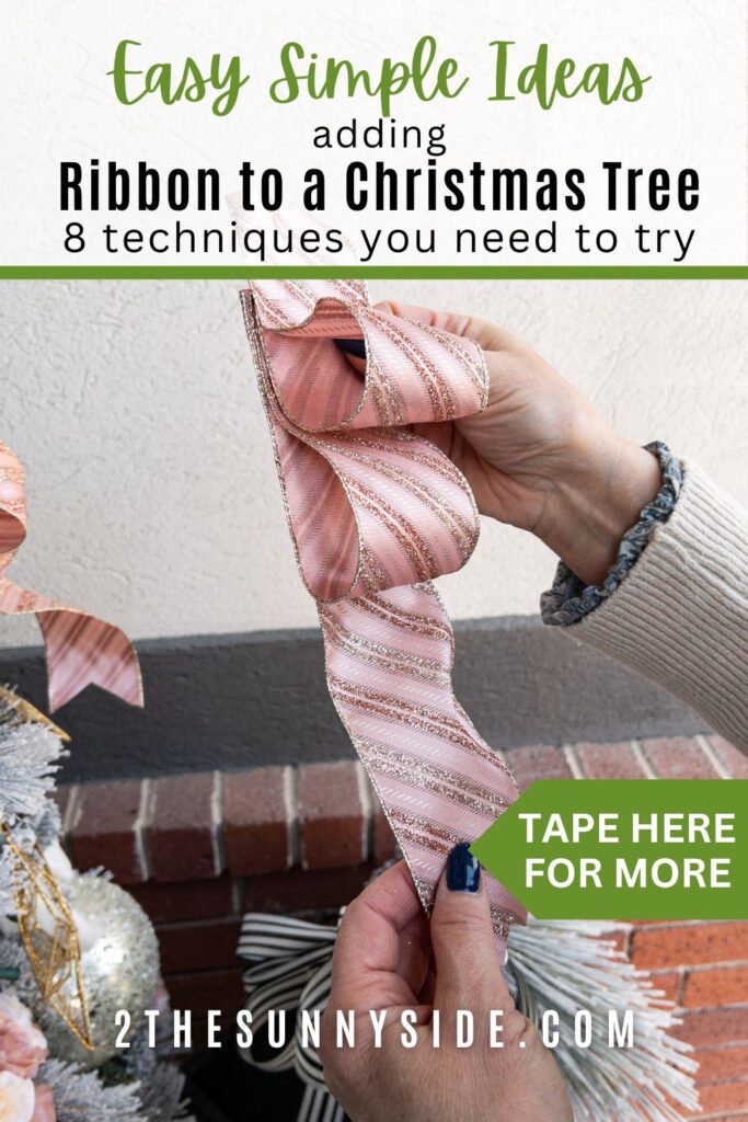 Pin image: 8 Beautiful Ways to Put Ribbon on a Christmas Tree. Woman holding looped ribbon to place on tree.