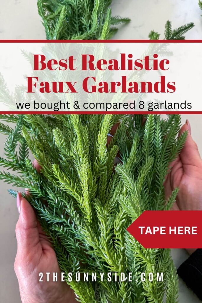 Pin image - Realistic Affordable Faux Garlands for a Festive Christmas, woman holding garland in hands.